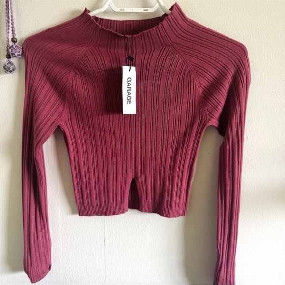 Garage Mock Neck Long Sleeve Top XS Burgundy NWT, Y2K Fitted Ribbed Bodycon Crop - Picture 2 of 13